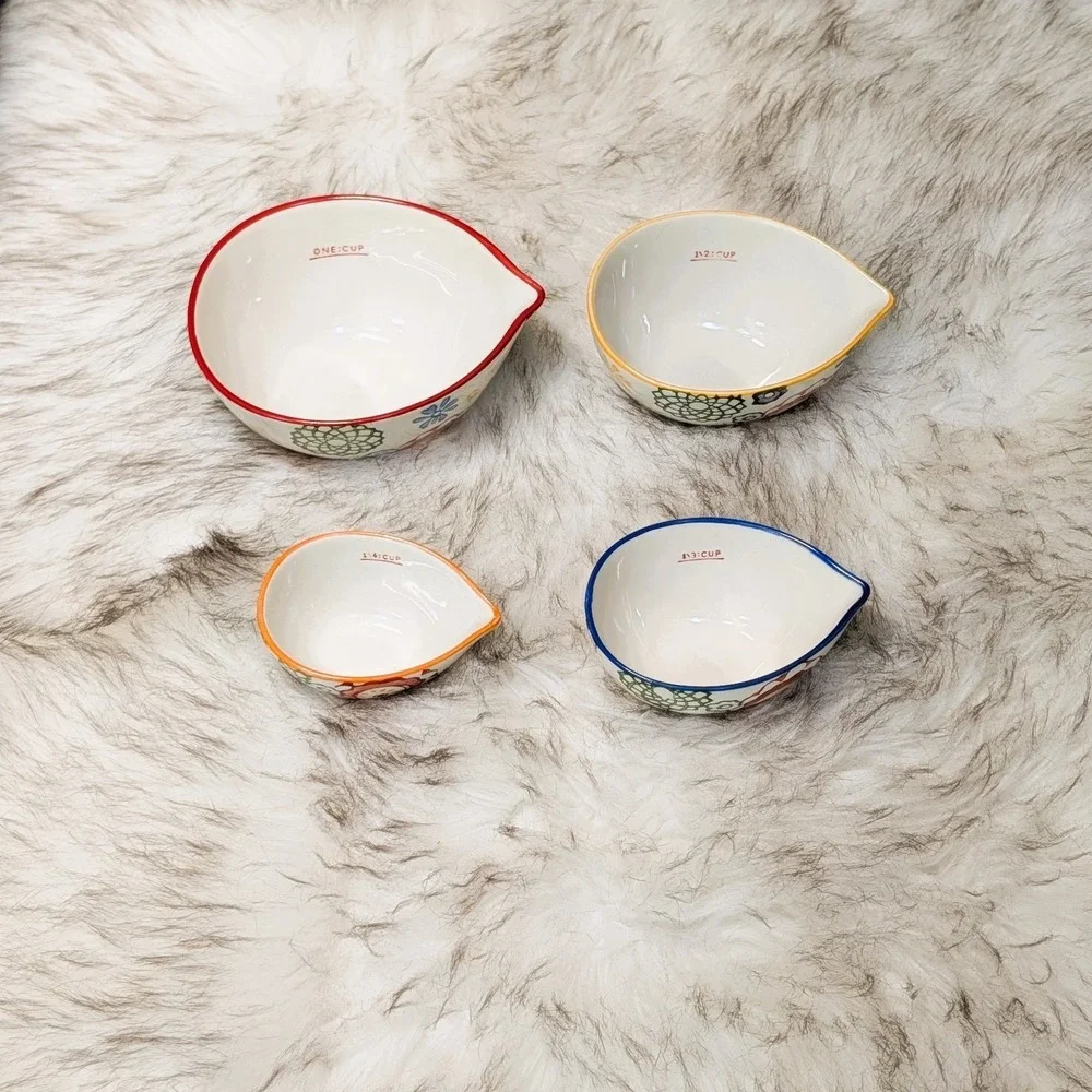 Pier 1 Imports Vibrant Floral Nesting Measuring Cups Stoneware 4 Piece Set